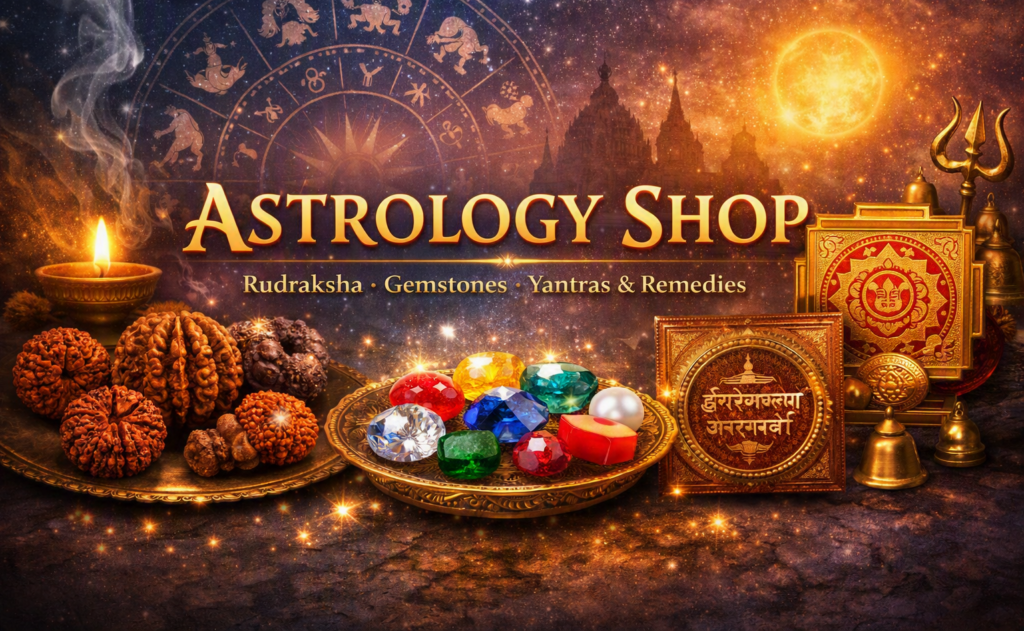 Astrology Shop banner showing Rudraksha beads, gemstones, and sacred Yantras with a zodiac wheel background, symbolizing Vedic astrology remedies for peace, prosperity, and protection."